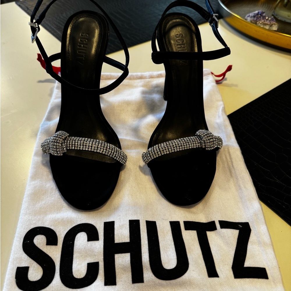 SCHUTZ Black Crystal Knot Strap Heeled Sandals
